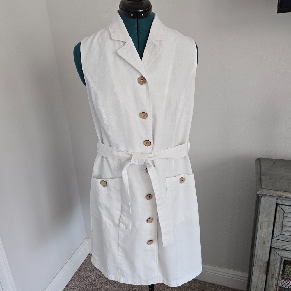 Glamour Womens White Linen Blend Dress Size 8 Sleeveless Button Up Pockets